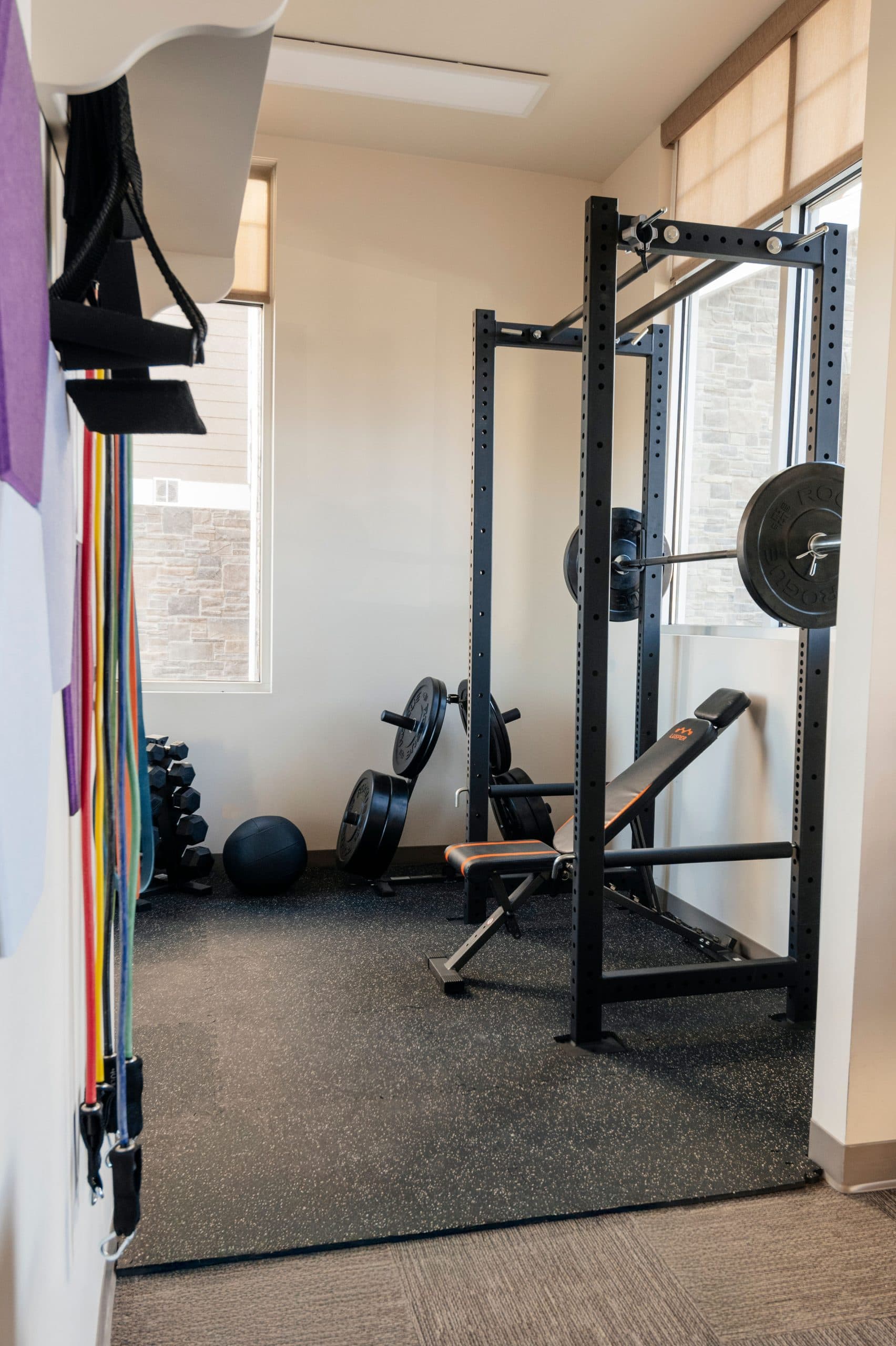 Strength training equipment including a squat rack and weighted balls for guided exercise and physical activity.