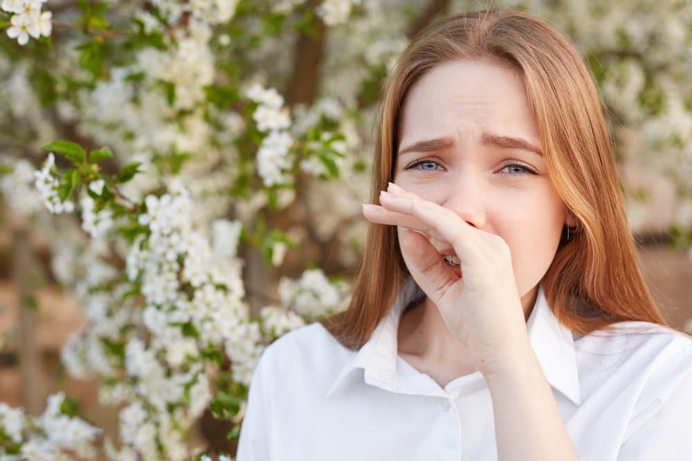 Outdoor shot of sad stressed beautiful young female rubs nose as has allergy to blossom, wears elegant white shirt, poses against blooming tree background. Cute girl sneezes because of allergy