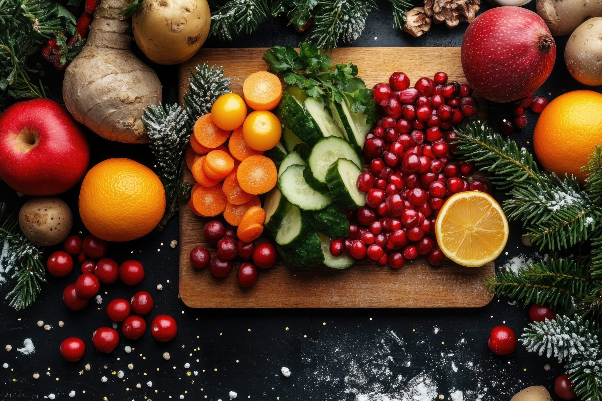 Picture of Christmas healthy eating concept with fresh organic fruits and vegetables on black background surrounded by christmas tree branches