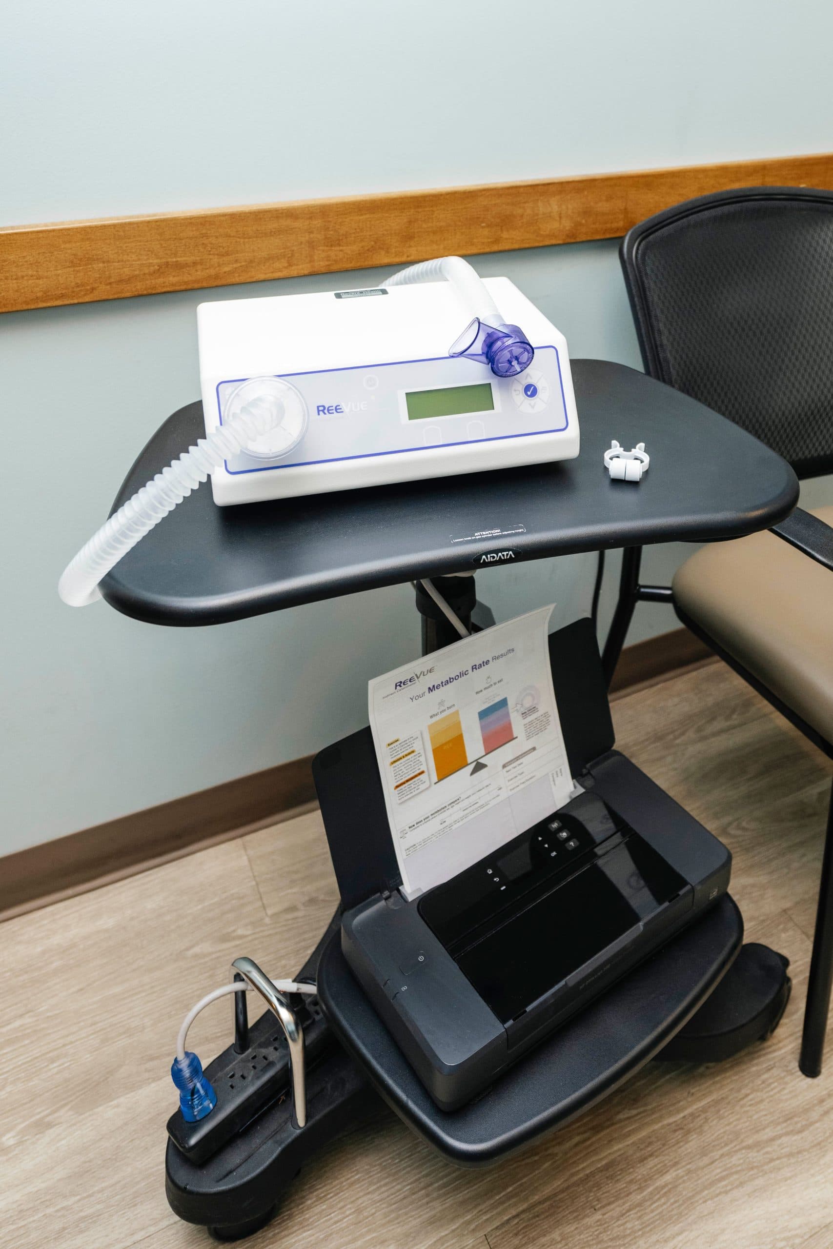 CPAP and testing equipment station used for assessing sleep apnea and respiratory-related concerns that may affect weight loss.