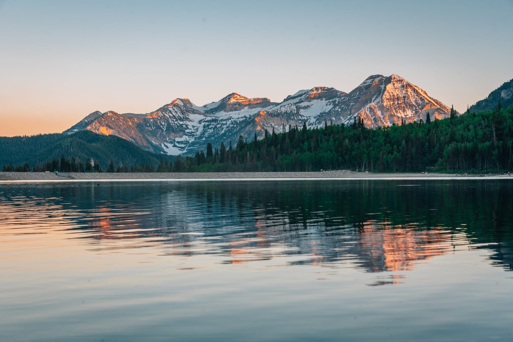 Picture of Mountains reflecting in Silver Lake Flat Reservoir at sunset, near the Alpine Loop Scenic Byway in American Fork Canyon, Uinta-Wasatch-Cache National Forest, Utah