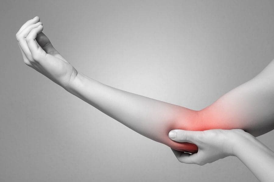 Image of elbow pain illustrated by red color on greyed picture