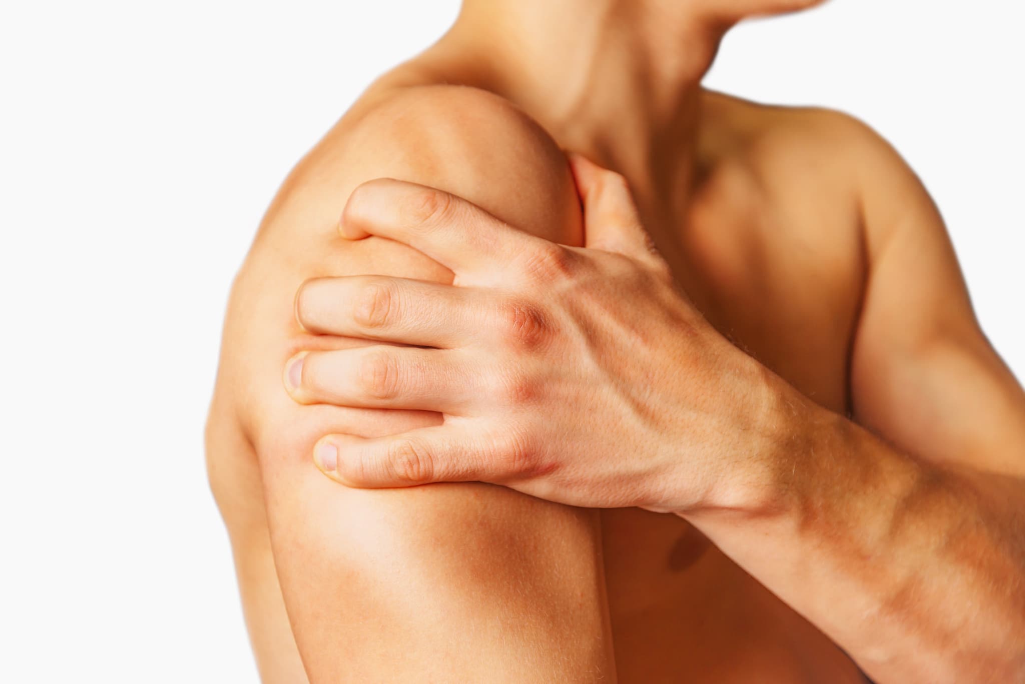 Picture of Pain in a male shoulder. Isolated on a white background