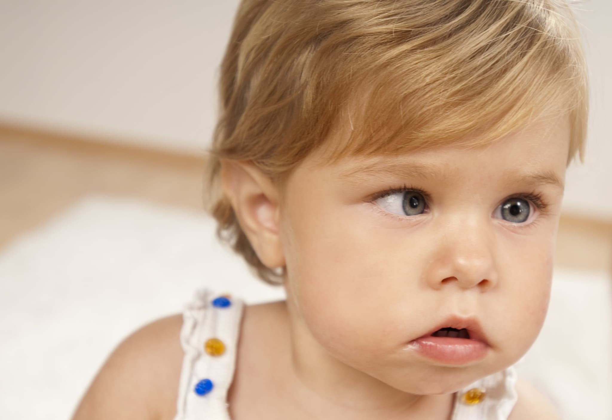 Picture of Close up portrait of adorable little girl with Amblyopia illness.
