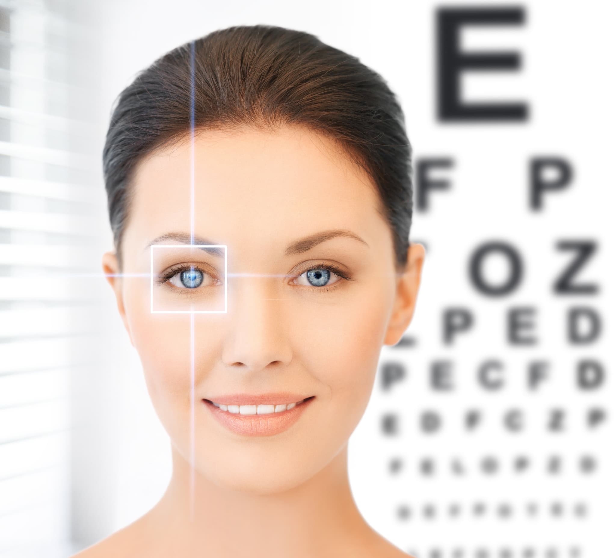 Picture of future technology, people, eye surgery, medicine and vision concept - woman face with laser target and eye chart