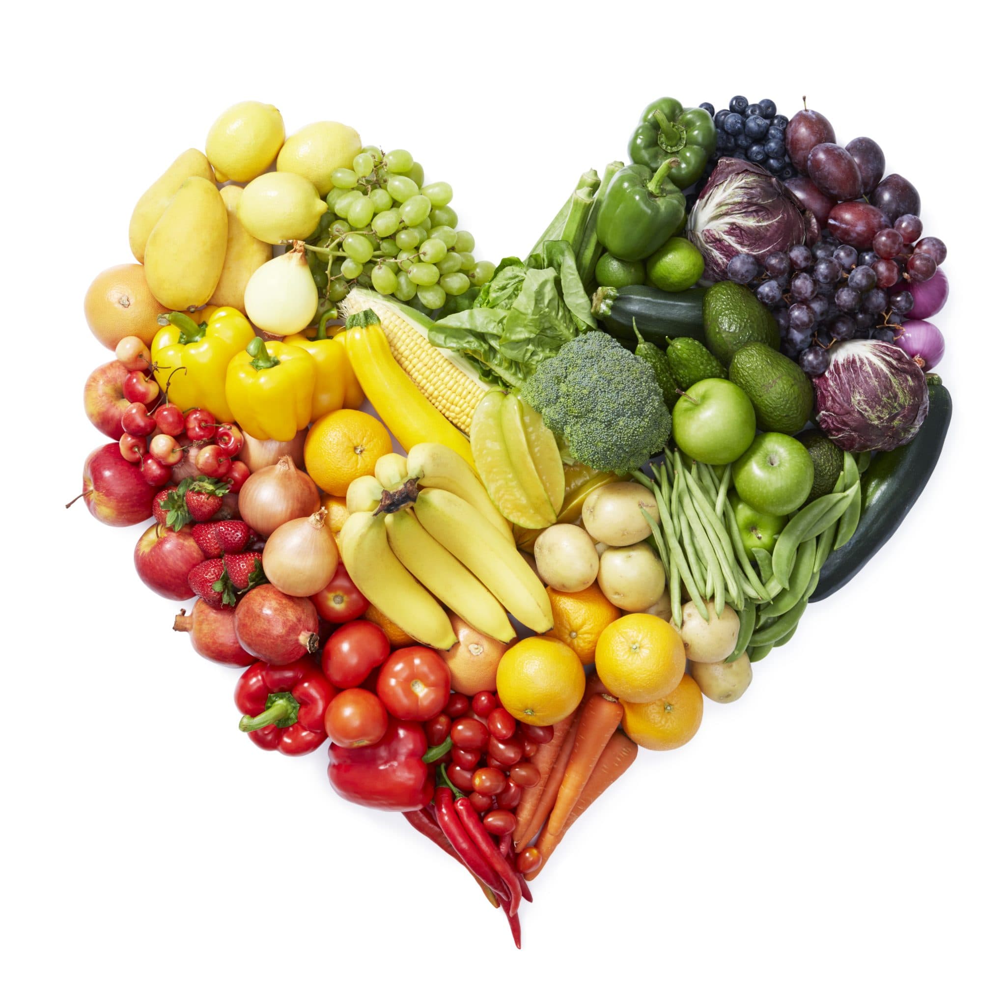 Picture of heart shape by various type of fruits and vegetables