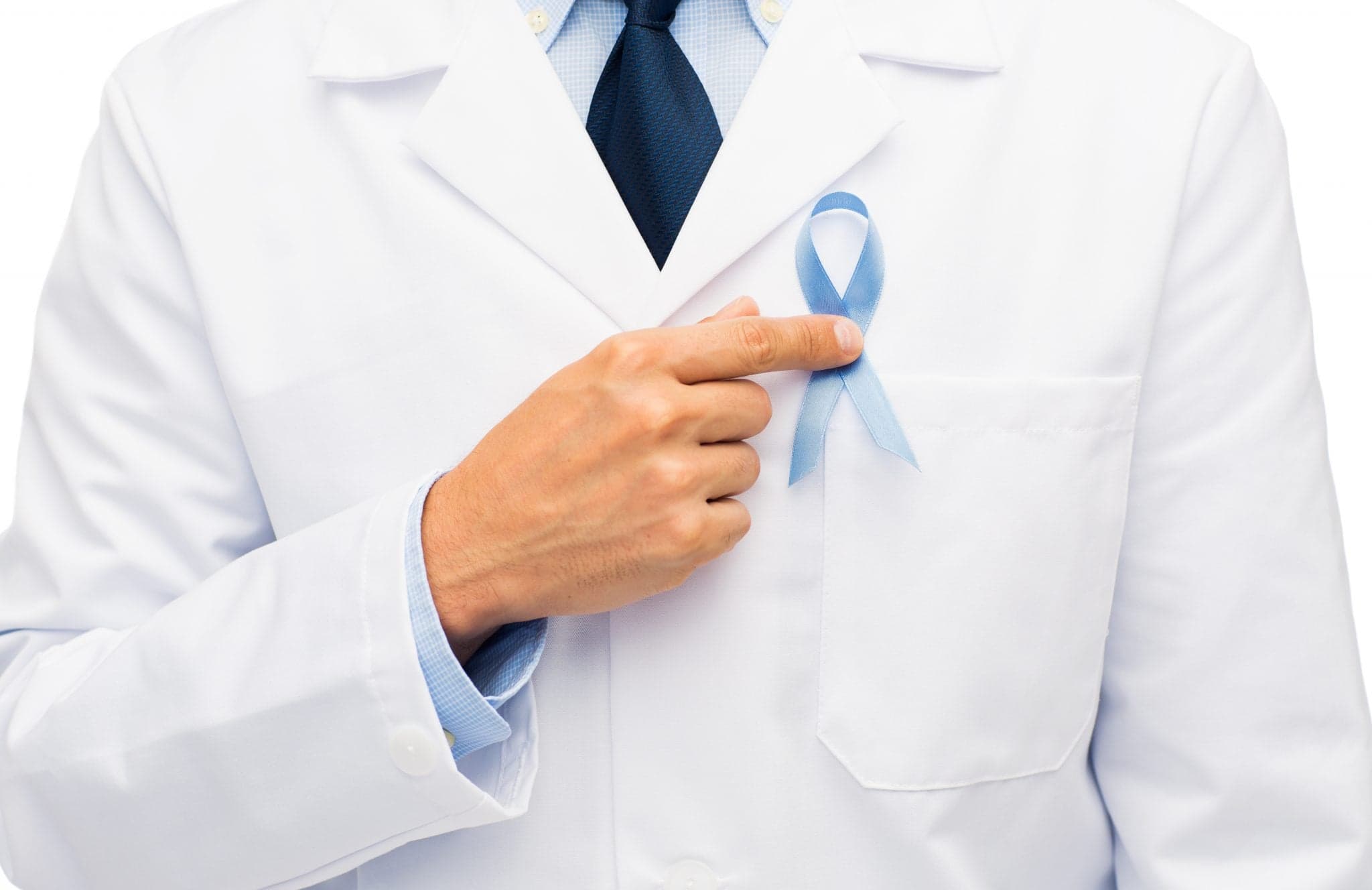 healthcare, profession, people and medicine concept - close up of male doctor hand with sky blue prostate cancer awareness ribbon