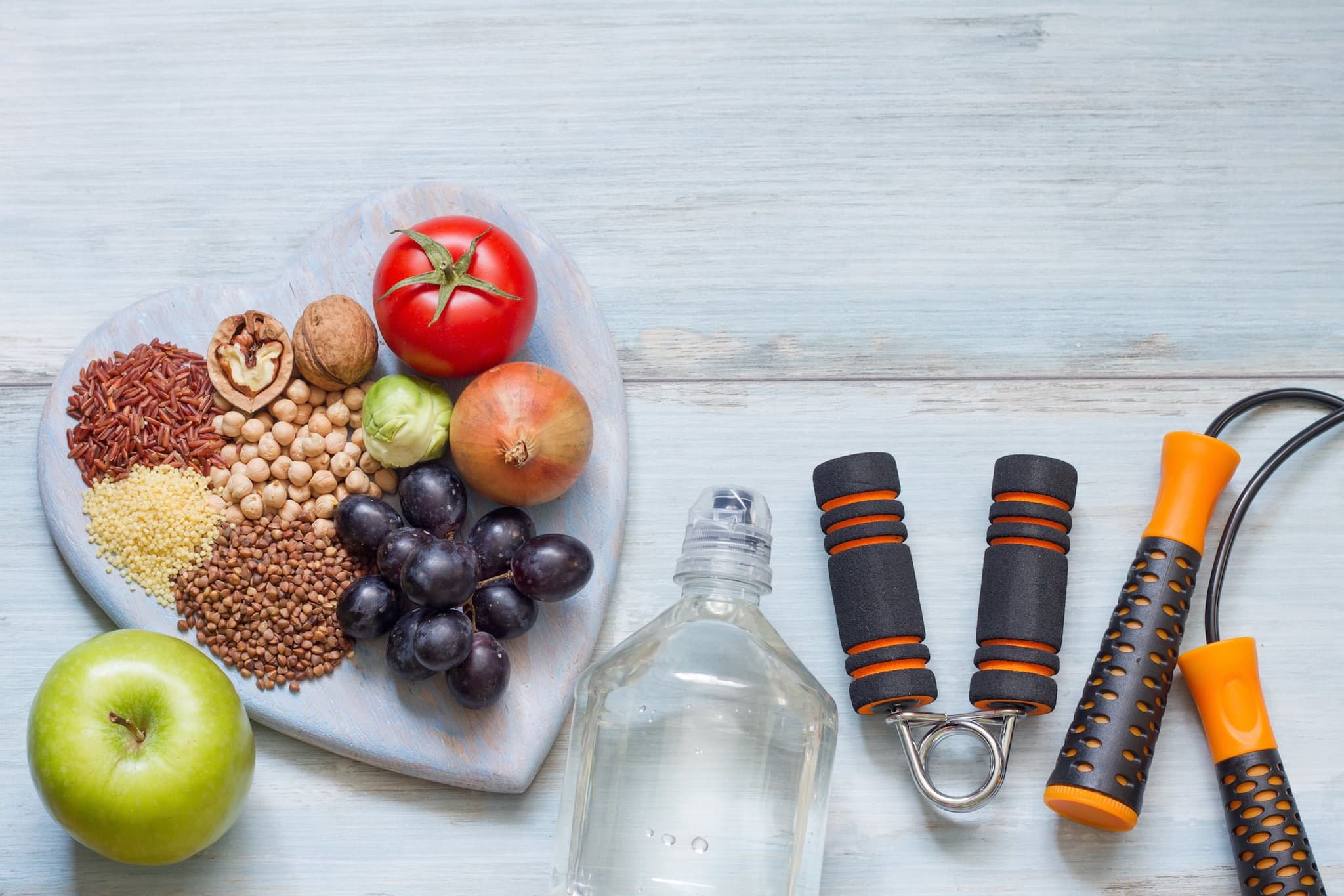 Picture of Healthy lifestyle concept with diet and fitness on blue boards