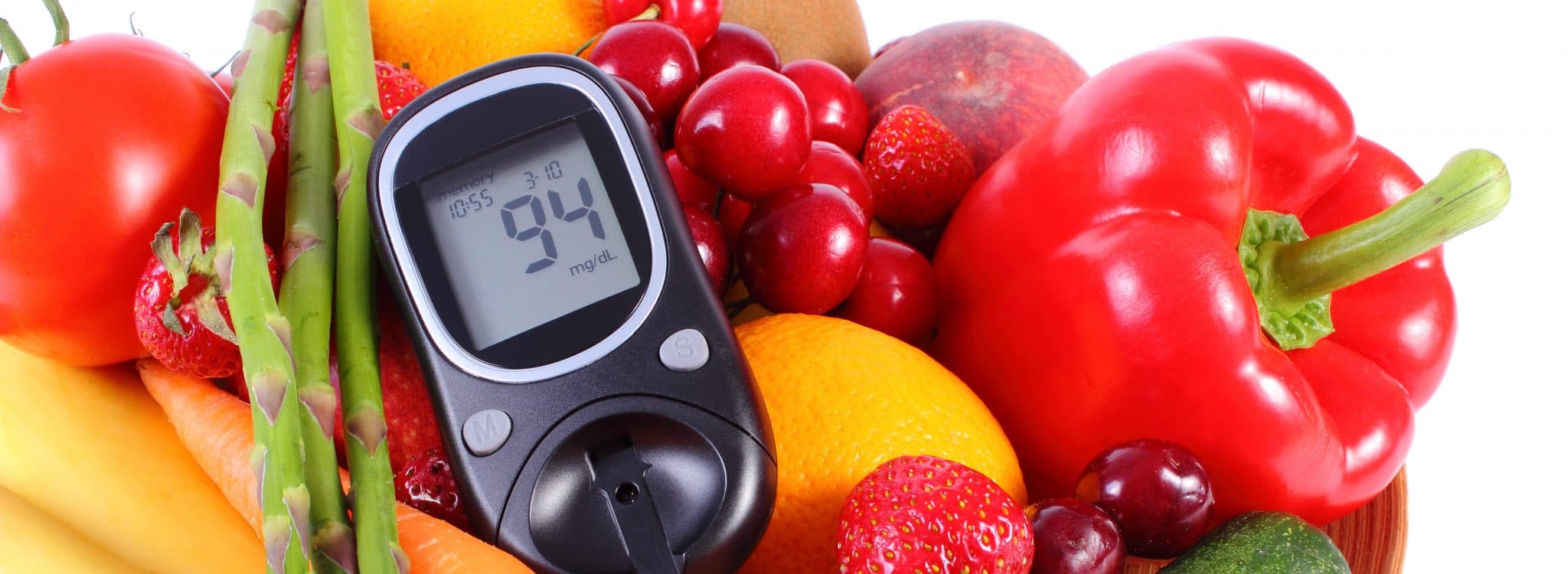 Picture of Glucometer with fresh ripe fruits and vegetables, concept of diabetes, healthy food, nutrition and strengthening immunity