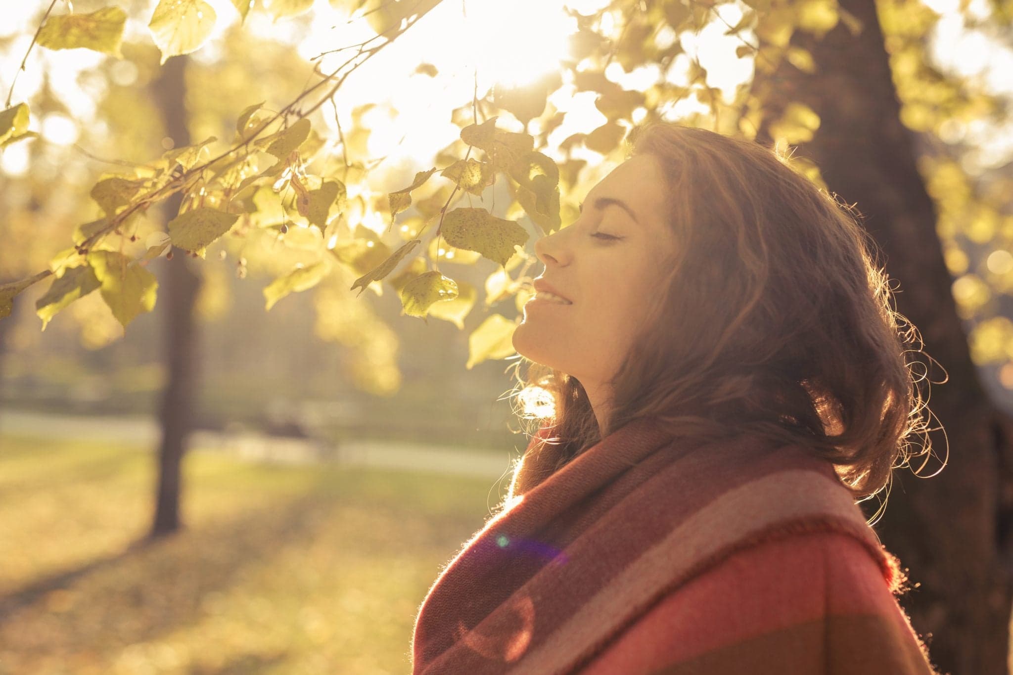 Picture of Beautiful, young, Caucasian woman standing in the park and enjoying with her eyes closed