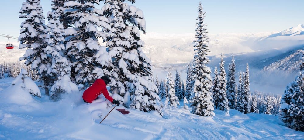 Picture of Female skier making a turn in pristine untouched fresh powder on a bluebird day enjoying the freedom, adventure and excitement of skiing in the mountains. Skiing is a great way to get away from it all allowing you to live in the moment while experiencing nature at its finest.