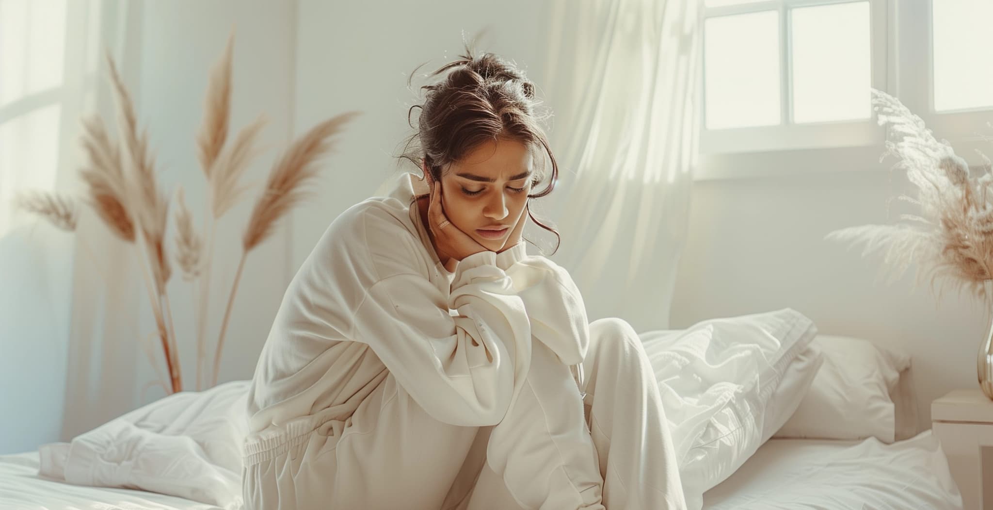 Picture of woman holding stomach in pain period cramp pcos