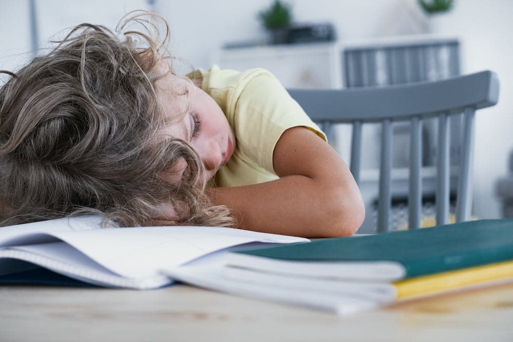 Picture of Close-up of a tired kid sleeping with his head rested on a table with a book.