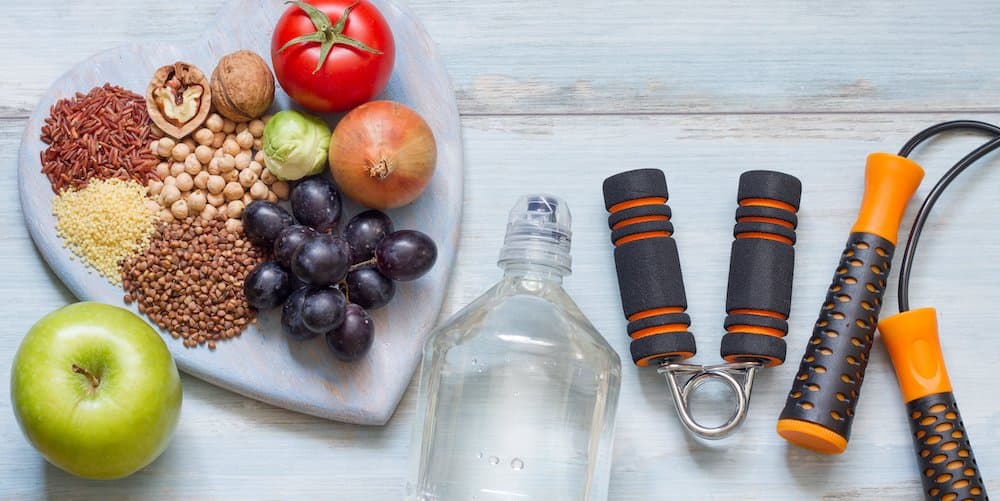 Picture of Healthy lifestyle concept with diet and fitness on blue boards