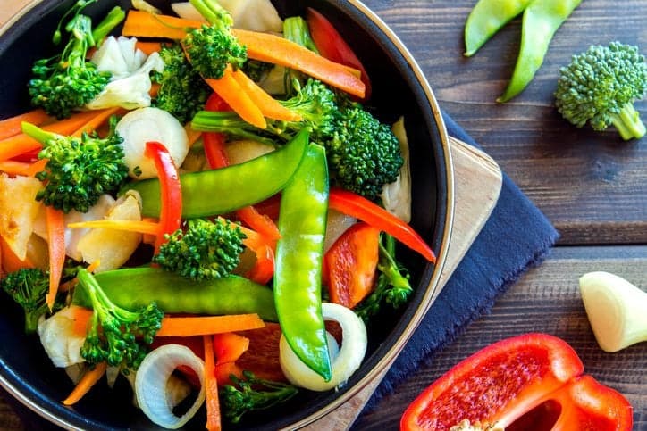 Picture of Healthy stir fried vegetables in the pan and ingredients close up